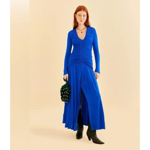 Farm Rio Ruched Front Slit Maxi Dress Bright Blue Long Sleeve Draped V Neck S - Picture 1 of 11